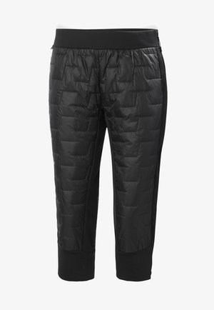 Black insulated cropped pants with a quilted design. Features a wide elastic waistband and solid black fabric on sides. Zipper detail on the back.