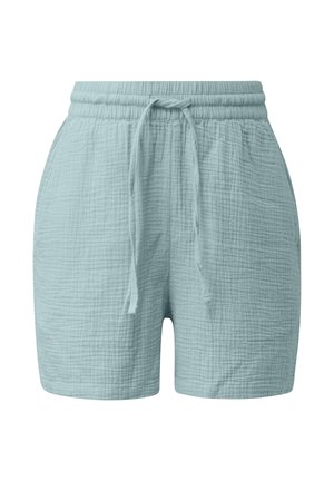 Shorts en tissu bleu clair texturé avec taille élastique et cordon noué, coupe au genou, sans motifs ou logos visibles.