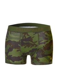 Caterpillar herenboxershorts in groen camouflagepatroon, gemaakt van zacht materiaal, met een effen groene tailleband waarop "CATERPILLAR" in bruin is gedrukt.