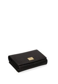 Black leather wallet with a textured surface, featuring a gold square accent on the front, folded design, and zippered compartment.