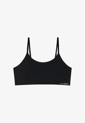 Bralette noir sans couture avec fines bretelles ajustables et logo "ATHENA" sur le côté inférieur droit.