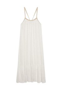 Vestido blanco con tirantes trenzados finos, un corte suelto y una falda de volantes. La tela parece ligera y de textura suave.