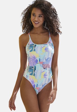 Eénstuk zwemkleding met een kleurrijk tropisch patroon en abstracte vormen. Het heeft dunne verstelbare banden en een gladde, glanzende afwerking.