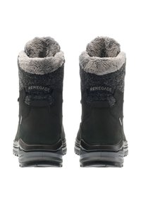Stivali in suede neri con un colletto grigio peloso e parte superiore in maglia. Suola in gomma con battistrada testurizzato per una migliore aderenza. Nome del marchio "RENAGADE" riportato.