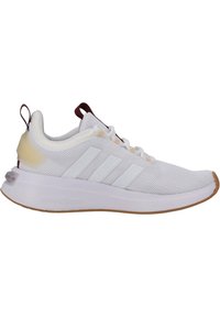 White athletic shoes with mesh upper, three side stripes, rubber sole, and cloudfoam cushioning. Features light tan accents and a pull tab.