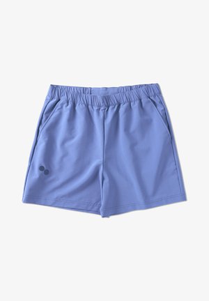 Light blue athletic shorts with elastic waistband, two side pockets, and a small dark blue logo detail on the left side. Smooth texture.