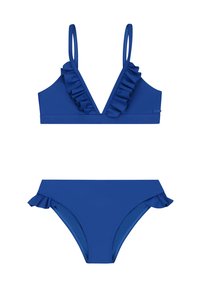 Kék bikini szett, amelynek triánguláris felsőrészén fodros díszítés található, állítható pántokkal, és a hozzá illeszkedő alsó részén is fodrok láthatók.