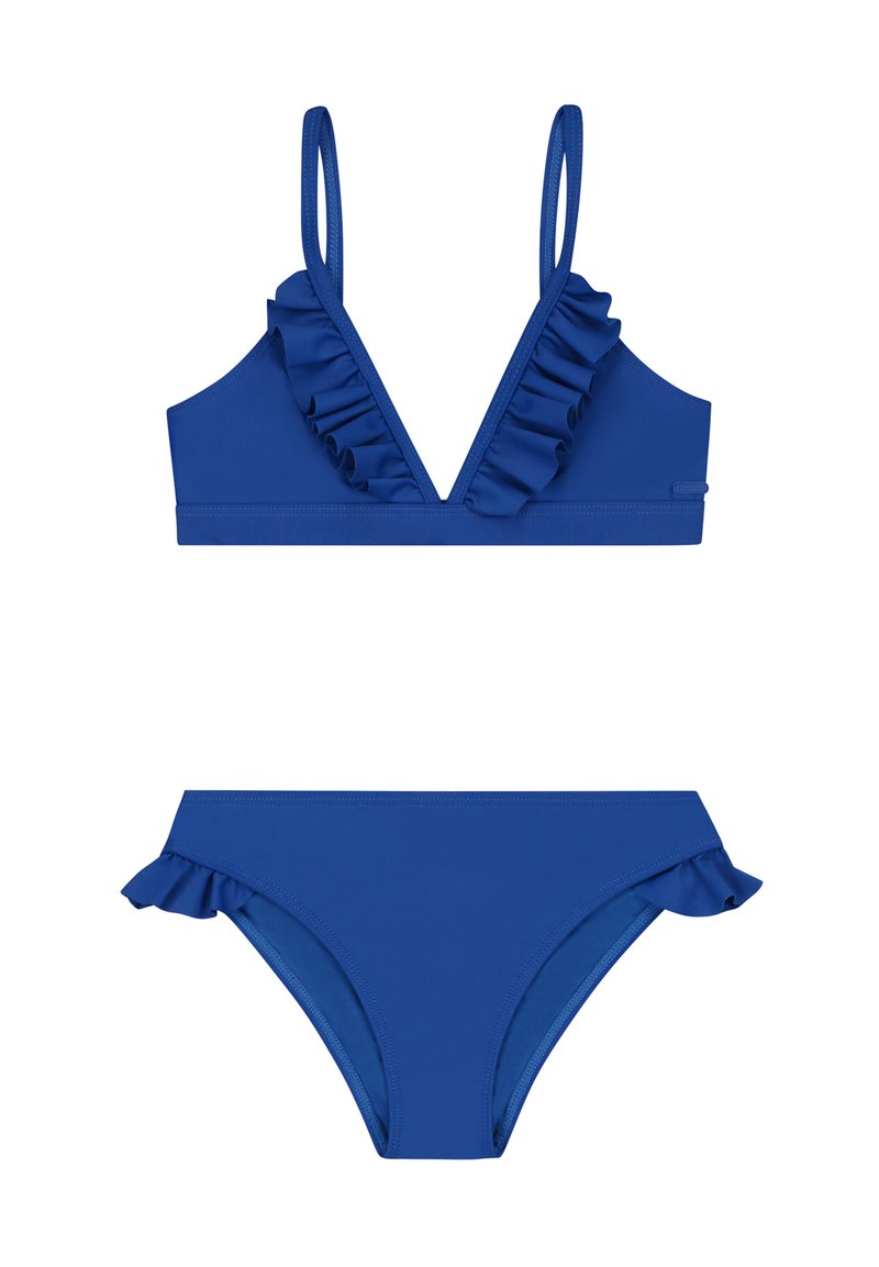 Kék bikini szett, amelynek triánguláris felsőrészén fodros díszítés található, állítható pántokkal, és a hozzá illeszkedő alsó részén is fodrok láthatók.