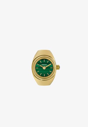 Gouden horloge met een hexagonaal kast, groene gestructureerde wijzerplaat, gouden uurmarkeringen en een kroon aan de rechterkant. Voorzien van een geribbeld bezel.