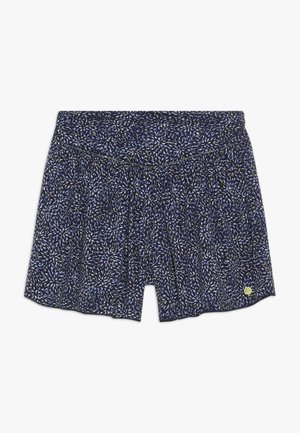 Granatowe spodenki z kwiatowym wzorem w kolorach niebieskim, białym i żółtym. Wykonane z lekkiego materiału, z elastycznym pasem i luźnym krojem.