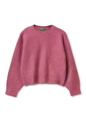 Maglione rosa lavorato a maglia con un motivo testurizzato a coste. Presenta un collo rotondo e maniche lunghe, una lunghezza corta e una vestibilità leggermente ampia.