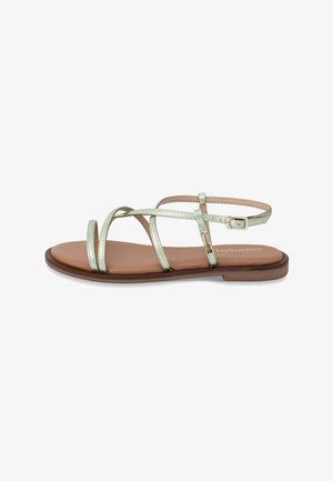 Sandalen met meerdere bandjes in mintgroen metallic, verstelbare enkelriem en een lichtbruine platte zool. Glad lederen binnenzool.