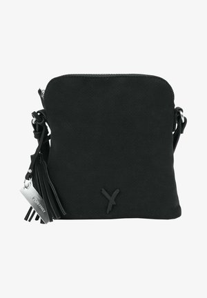 Melnas zamšādas crossbody soma ar gludu tekstūru, ar rāvējslēdzēju un dekoratīvu pušķi. Uz priekšu ir neliels logo detaļu.
