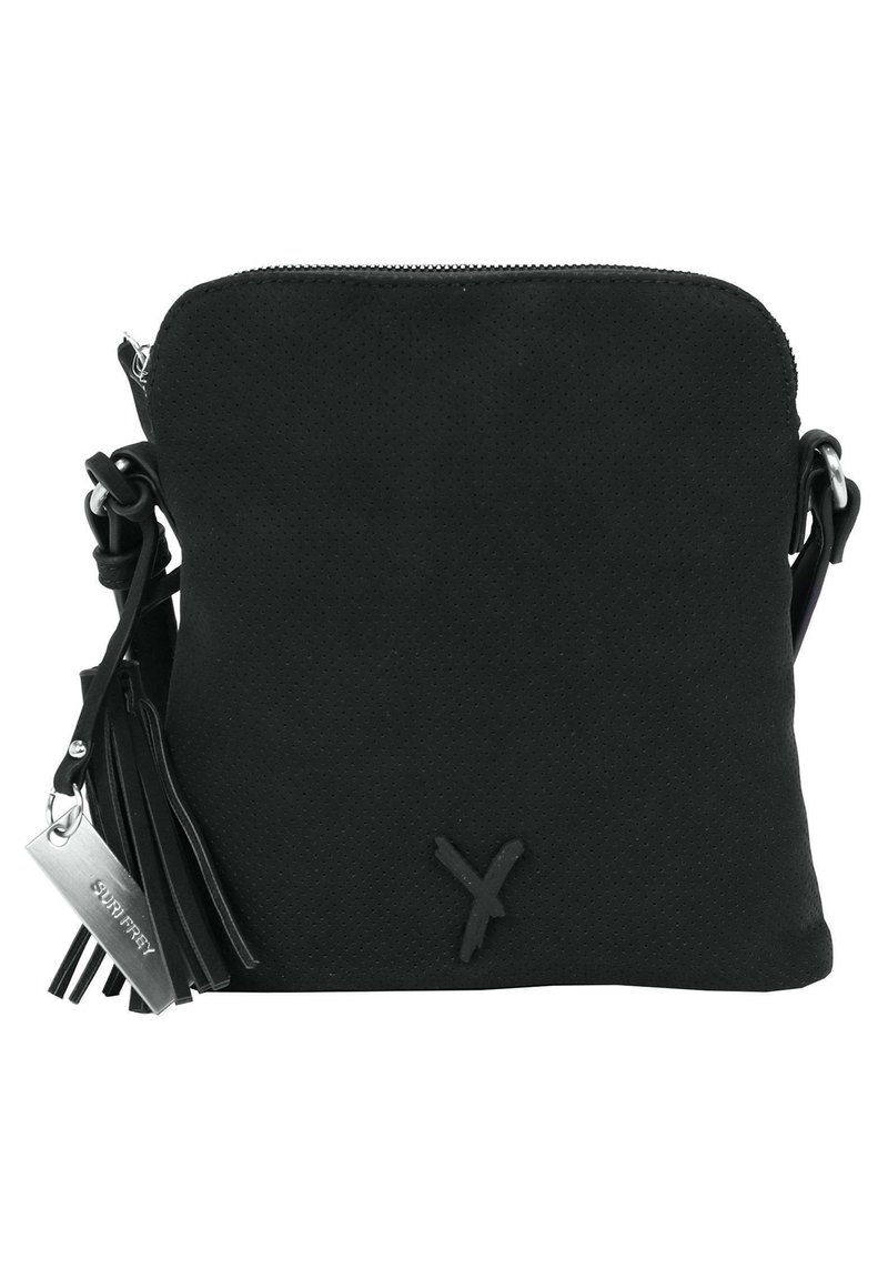 Borsa a tracolla in suede nero con una superficie morbida, chiusura con zip e un dettaglio decorativo a frange. Presenta un piccolo logo sulla parte frontale.
