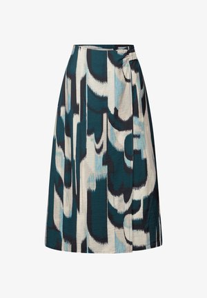En knælang nederdel med et iøjnefaldende abstrakt mønster i teal, marineblå og creme, med plisseringer og en glat tekstur.