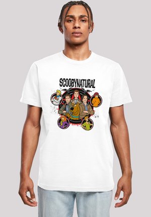White cotton t-shirt featuring a colorful graphic print of characters from "Scooby-Doo" and "Supernatural," titled "SCOOBYNATURAL."