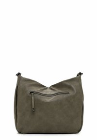 Brun perforeret læder skuldertaske med buet lynlås lomme foran og metalringe i de øverste hjørner.