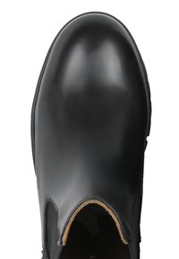 Stivaletto alla caviglia in pelle nera con finitura liscia, pannelli laterali elasticizzati, punta arrotondata e suola in gomma resistente.