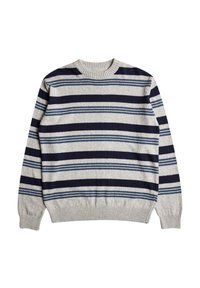 Striped sweater in gray with navy, blue, and white horizontal stripes. Features a ribbed neckline and cuffs, and a soft, textured fabric.