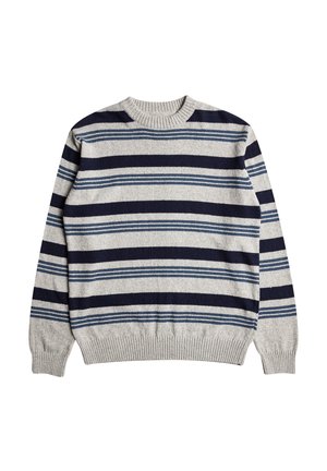 Stripet sweater i grå med navy, blå og hvide vandrette striber. Har en ribbet halsudskæring og manchetter samt et blødt, struktureret stof.
