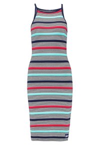 Gestreepte bodycon jurk met marineblauwe, rode en lichtblauwe horizontale lijnen. Gemaakt van een aansluitende, rekbare stof met dunne bandjes.