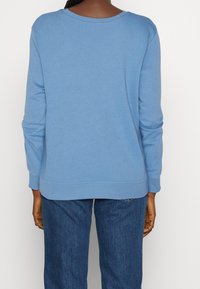 Sudadera de algodón azul claro con cuello redondo, mangas largas y un corte relajado. Puños y dobladillo de canalé con un sutil detalle de costura.