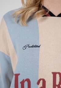 Gros plan d'un pull tricoté bleu et beige avec un texte rouge partiel et un petit mot cursif brodé sur la poitrine, porté par une personne aux cheveux blonds.