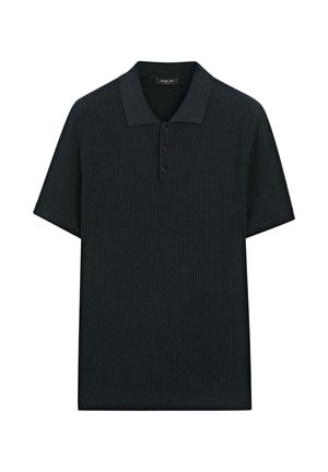 Schwarzes kurzärmeliges Strick-Poloshirt mit gerippter Struktur und Drei-Knopf-Leiste.