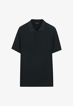 Schwarzes kurzärmeliges Strick-Poloshirt mit gerippter Struktur und Drei-Knopf-Leiste.