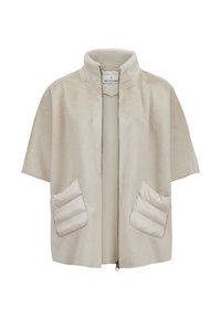 Beige kurzärmlige Zip-Jacke mit hohem Kragen und zwei gepolsterten, schrägen Taschen auf der Vorderseite.