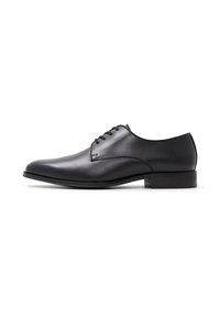 Scarpa da uomo nera in pelle con una forma slanciata, design minimalista, quattro occhielli per i lacci e un tacco basso e piatto. Texture liscia.