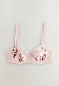 Sutien floral roz deschis cu dantelă, având material moale, bretele ajustabile și un design cu cupă în trei secțiuni pentru formă și susținere.