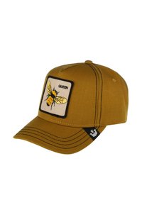 Cappello giallo con visiera curva, caratterizzato da un patch ricamato a forma di ape con la scritta "REGINA" su uno sfondo crema. Dettagli ricamati in nero.