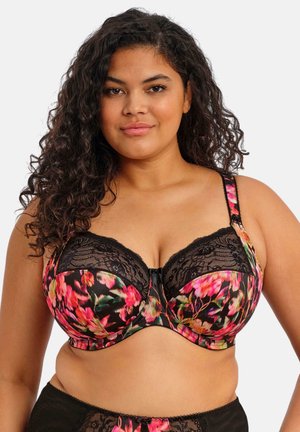 Schwarzer BH mit floralem Muster und pinken sowie grünen Akzenten; mit Spitzenbesatz und verstellbaren Trägern; glattes Material mit strukturierter Form.