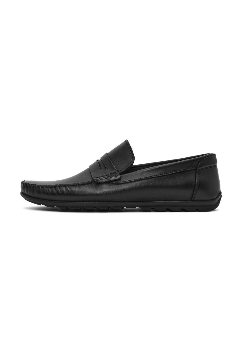 Schwarze Leder-Loafers mit abgerundeter Spitze, gesteppten Akzenten und einer flachen Gummisohle. Rutschfestes Design mit glatter Oberfläche.