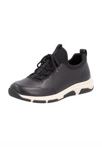 Black leather sneaker with a textured surface, featuring elastic laces, a padded collar, and a white rubber sole with "remonte" branding.
