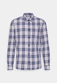 Pitkähihaisen vaaleanbeige-paidan sinivalkoisella ruudullisella kuviolla, jossa on napitettava etuosa ja perinteinen kaulus. Resorikankainen materiaali.