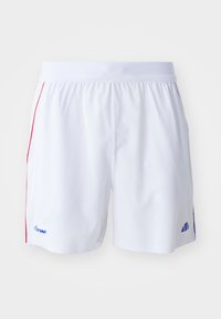 White athletic shorts with red side stripes, elastic waistband, and blue logo. Smooth fabric and mid-thigh length design.