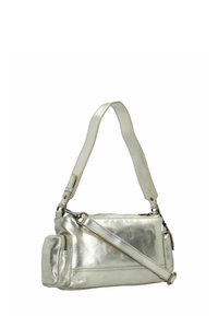 Metallisch silberne Schultertasche mit glatter Textur, Reißverschlussfach und verstellbarem Riemen. Zu den Merkmalen gehören eine Seitentasche und ein elegantes Design.
