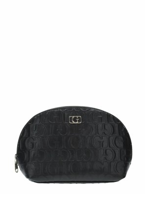 Trousse de toilette noire en forme de demi-lune avec un motif G en relief répété et un petit logo double G argenté au centre en haut.
