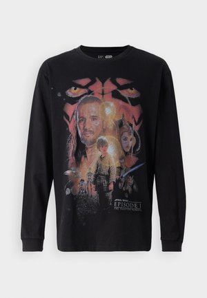 Must musta-särgid musta pikkade varrukatega, millel on värvikas graafiline trükk filmist "Tähtede sõda: Osa I - Phantom Menace", kus on erinevad tegelased ja detailid.
