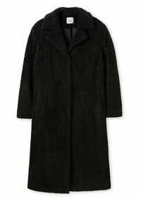 Musta tekoturkistakki, jossa on käännetty kaulus, pitkät hihat, sivutaskut ja puolipitkä leikkaus. Rakenteellinen pinta ja pehmeä viimeistely.