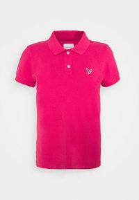 Rosa Baumwoll-Polohemd mit Kragen, zwei Knöpfen und einem schwarzen Vogel-Logo auf der linken Brustseite. Kurze Ärmel und gerader Saum.