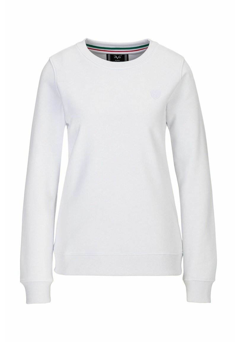 Weißes Baumwoll-Sweatshirt mit langen Ärmeln, rundem Halsausschnitt und dezentem Logodetail auf der Brust. Glatte Textur und gerippte Bündchen.