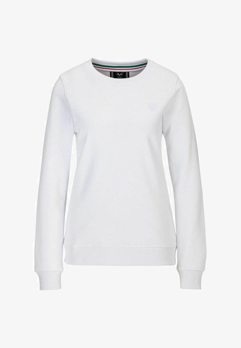 Weißes Baumwoll-Sweatshirt mit langen Ärmeln, rundem Halsausschnitt und dezentem Logodetail auf der Brust. Glatte Textur und gerippte Bündchen.