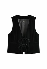 Veste en velours noire sans manches avec deux liens à l'avant et un col en V profond sur fond blanc.