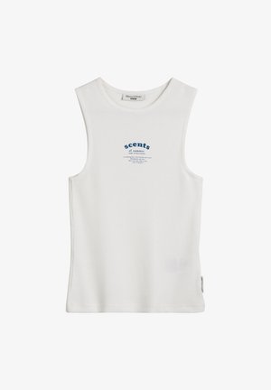 Débardeur sans manches blanc en tissu côtelé, avec un imprimé bleu au design qui indique "les senteurs de l'été" sur la poitrine.