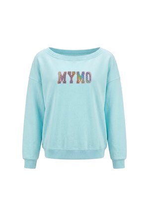 Lyseblå langærmet sweatshirt med bred halsudskæring og flerfarvede palietbogstaver "MYMO" foran.
