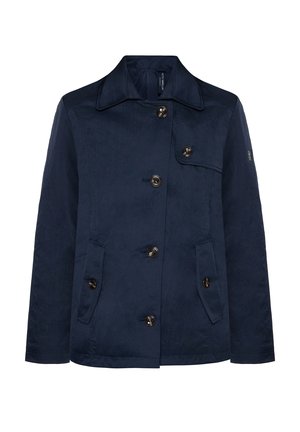 Navy blue button-up jacket with long sleeves, wide collar, two front flap pockets, and one small pocket on the chest right side.
