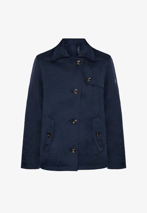 Marineblauw jasje met knopen, lange mouwen, brede kraag, twee klepzakken aan de voorkant en een klein zakje aan de rechterkant van de borst.